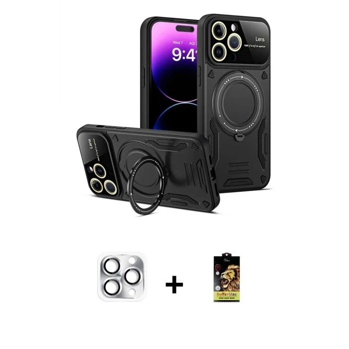 ieg™ iPhone 16 Pro Max Kılıf Kıvılcım Modern Serisi - Siyah Buffer Cam Ekran Koruyucu + Pers Alüminyum Kamera Lens - GS