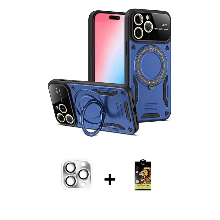 ieg™ iPhone 16 Pro Max Kılıf Kıvılcım Modern Serisi - Siyah Buffer Cam Ekran Koruyucu + Pers Alüminyum Kamera Lens - GS
