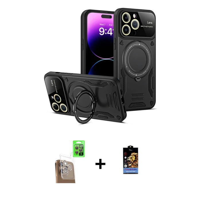 ieg™ iPhone 16 Pro Max Kılıf Kıvılcım Modern Serisi - Siyah Buffer Hayalet Cam Ekran Koruyucu + Raze Metal Kamera Lens - CLTM