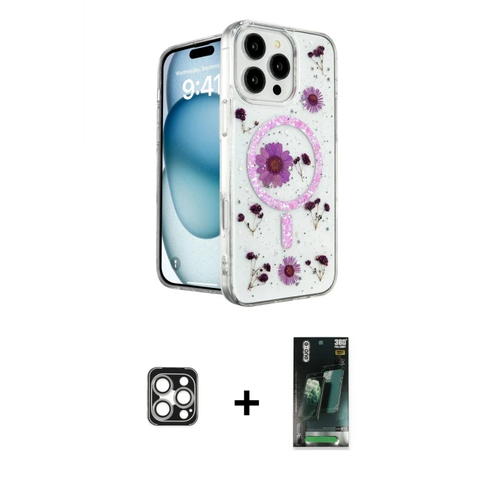ieg™ iPhone 16 Pro Max Kılıf Kozmos Doku - Siyah 360 Mat Full Body Arka Koruyucu + PVD Metal Kamera Lens - GS