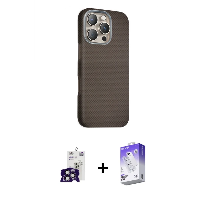 ieg™ iPhone 16 Pro Max Kılıf Kozmos Klasik Prime - Siyah Bilvis 5in1 3D Magic Cam Ekran Koruyucu + Bilvis Titan Kamera Lens - TMGI