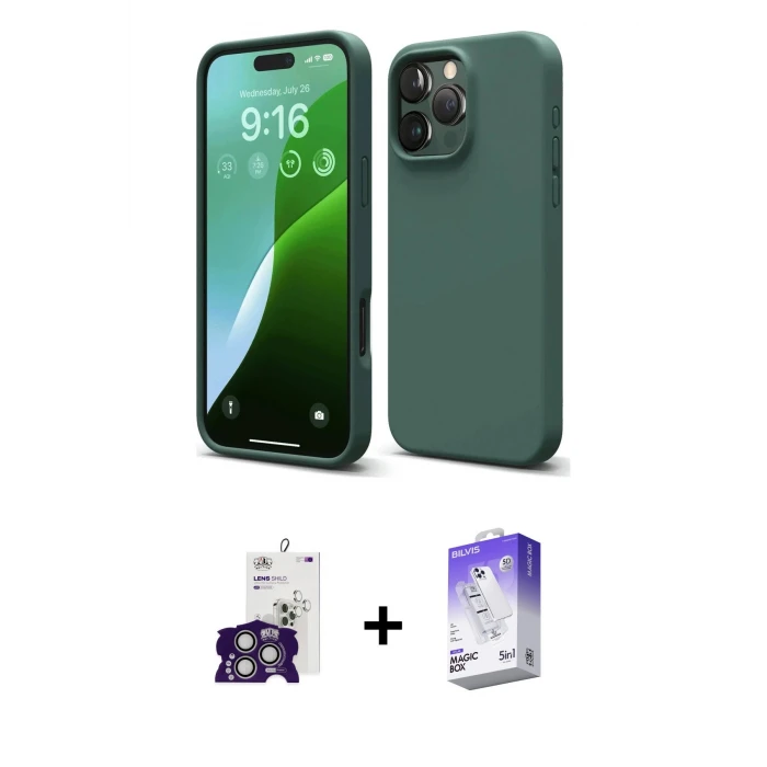 ieg™ iPhone 16 Pro Max Kılıf Kozmos Yansıma Özel Seri - Siyah Bilvis 5in1 3D Magic Cam Ekran Koruyucu + Bilvis Titan Kamera Lens - GS