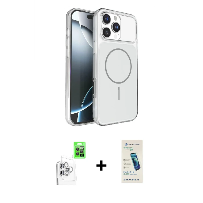ieg™ iPhone 16 Pro Max Kılıf Kutup Doku Serisi - Şeffaf Pasifik Cam Ekran Koruyucu + Beyaz Raze Metal Kamera Lens