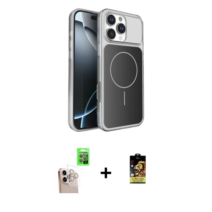 ieg™ iPhone 16 Pro Max Kılıf Kutup Doku Serisi - Siyah Buffer Cam Ekran Koruyucu + Natural Grey Raze Metal Kamera Lens
