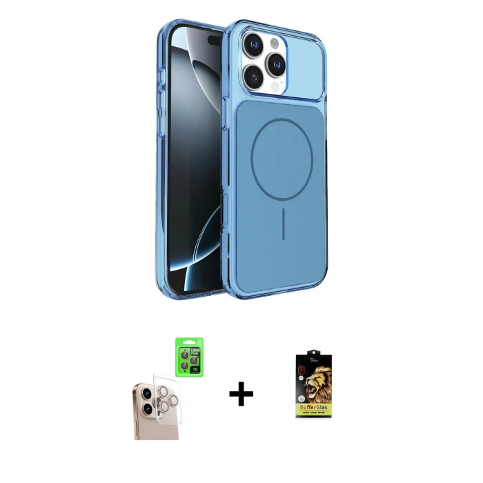 ieg™ iPhone 16 Pro Max Kılıf Kutup Doku Serisi - Siyah Buffer Cam Ekran Koruyucu + Natural Grey Raze Metal Kamera Lens