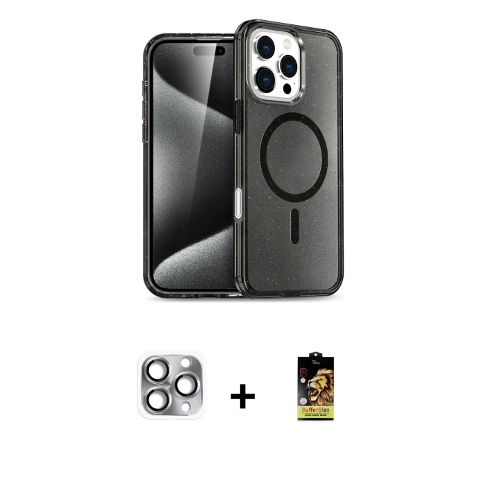 ieg™ iPhone 16 Pro Max Kılıf Nova Asil Prime - Siyah Buffer Cam Ekran Koruyucu + Pers Alüminyum Kamera Lens - GI
