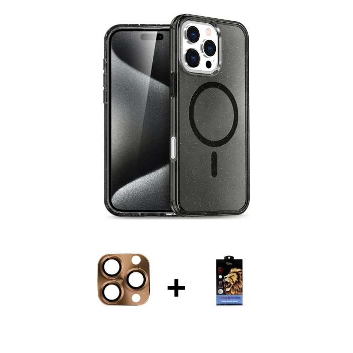 ieg™ iPhone 16 Pro Max Kılıf Nova Asil Prime - Siyah Buffer Hayalet Cam Ekran Koruyucu + Çöl Titanyum Pers Alüminyum Kamera Lens