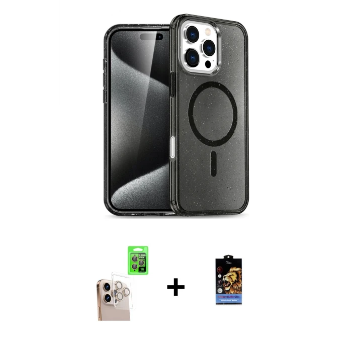 ieg™ iPhone 16 Pro Max Kılıf Nova Asil Prime - Siyah Buffer Hayalet Cam Ekran Koruyucu + Natural Grey Raze Metal Kamera Lens
