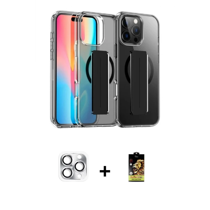 ieg™ iPhone 16 Pro Max Kılıf Nova Işık Koleksiyonu - Siyah Buffer Cam Ekran Koruyucu + Gümüş Pers Alüminyum Kamera Lens