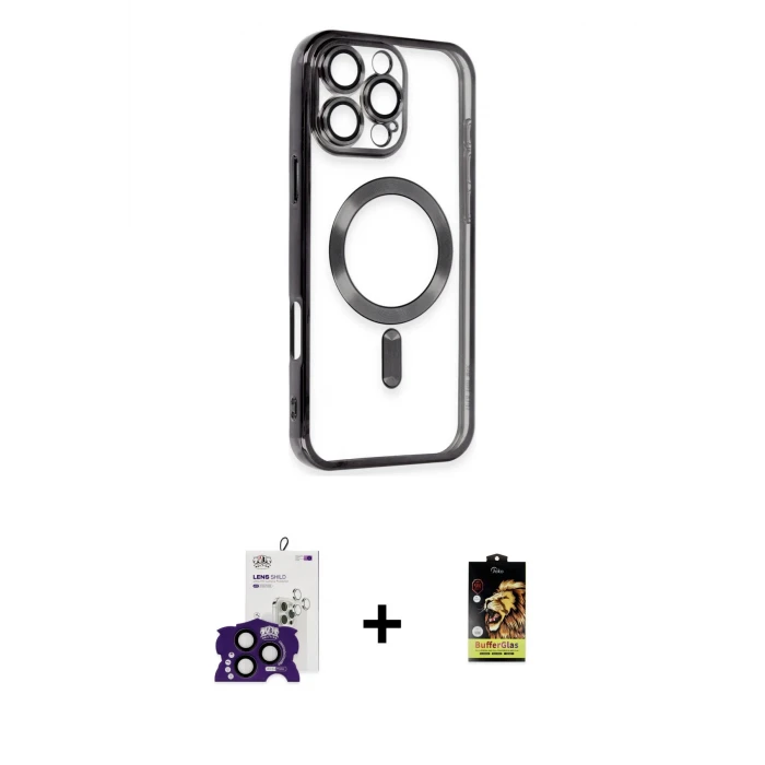 ieg™ iPhone 16 Pro Max Kılıf Nova Işık Özel Seri - Siyah Buffer Cam Ekran Koruyucu + Bilvis Titan Kamera Lens - SH