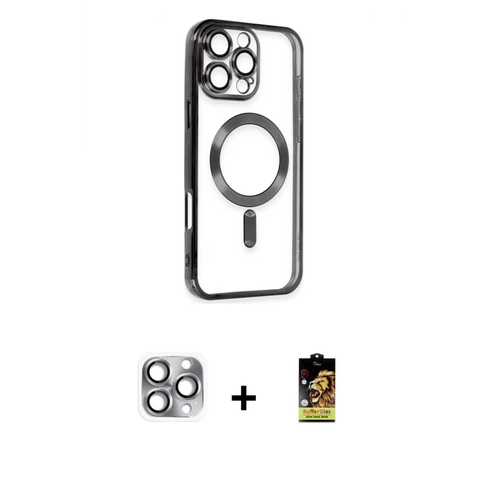 ieg™ iPhone 16 Pro Max Kılıf Nova Işık Özel Seri - Siyah Buffer Cam Ekran Koruyucu + Gri Pers Alüminyum Kamera Lens