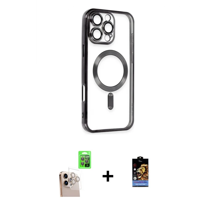 ieg™ iPhone 16 Pro Max Kılıf Nova Işık Özel Seri - Siyah Buffer Hayalet Cam Ekran Koruyucu + Natural Grey Raze Metal Kamera Lens
