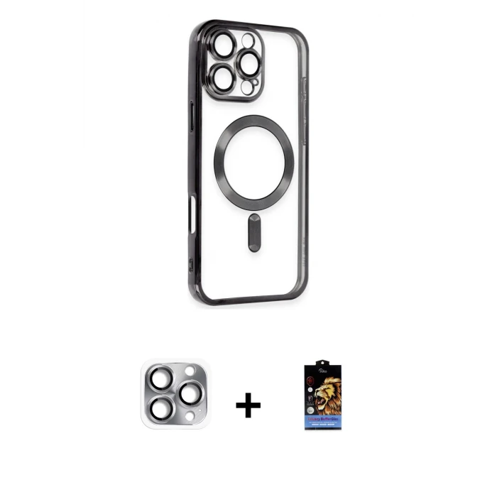 ieg™ iPhone 16 Pro Max Kılıf Nova Işık Özel Seri - Siyah Buffer Hayalet Cam Ekran Koruyucu + Pers Alüminyum Kamera Lens - GI