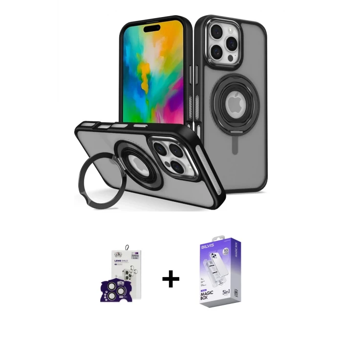 ieg™ iPhone 16 Pro Max Kılıf Nova Minimal Serisi - Siyah Bilvis 5in1 3D Magic Cam Ekran Koruyucu + Bilvis Titan Kamera Lens - TMGI