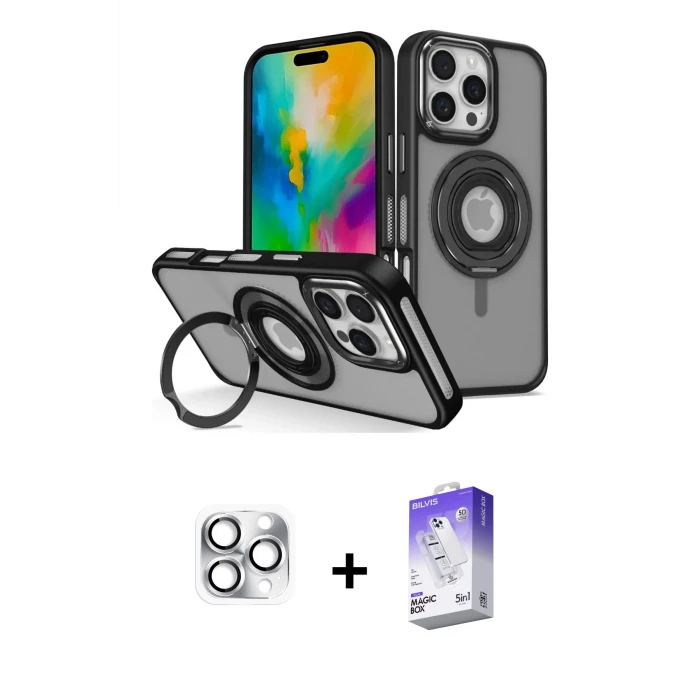ieg™ iPhone 16 Pro Max Kılıf Nova Minimal Serisi - Siyah Bilvis 5in1 3D Magic Cam Ekran Koruyucu + Pers Alüminyum Kamera Lens - GS