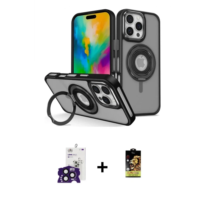 ieg™ iPhone 16 Pro Max Kılıf Nova Minimal Serisi - Siyah Buffer Cam Ekran Koruyucu + Bilvis Titan Kamera Lens - SH