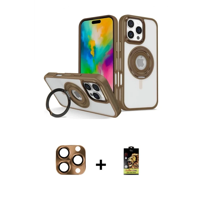 ieg™ iPhone 16 Pro Max Kılıf Nova Minimal Serisi - Siyah Buffer Cam Ekran Koruyucu + Çöl Titanyum Pers Alüminyum Kamera Lens