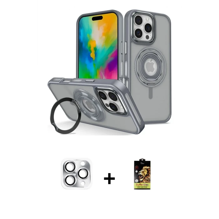 ieg™ iPhone 16 Pro Max Kılıf Nova Minimal Serisi - Siyah Buffer Cam Ekran Koruyucu + Pers Alüminyum Kamera Lens - GS