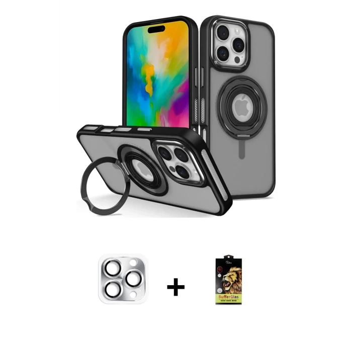 ieg™ iPhone 16 Pro Max Kılıf Nova Minimal Serisi - Siyah Buffer Cam Ekran Koruyucu + Pers Alüminyum Kamera Lens - GS