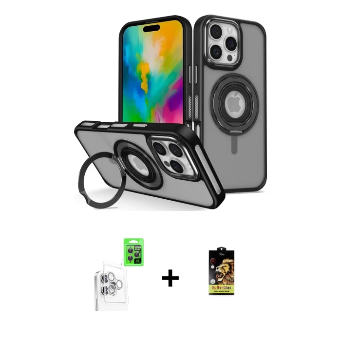ieg™ iPhone 16 Pro Max Kılıf Nova Minimal Serisi - Siyah Buffer Cam Ekran Koruyucu + Raze Metal Kamera Lens - BZ