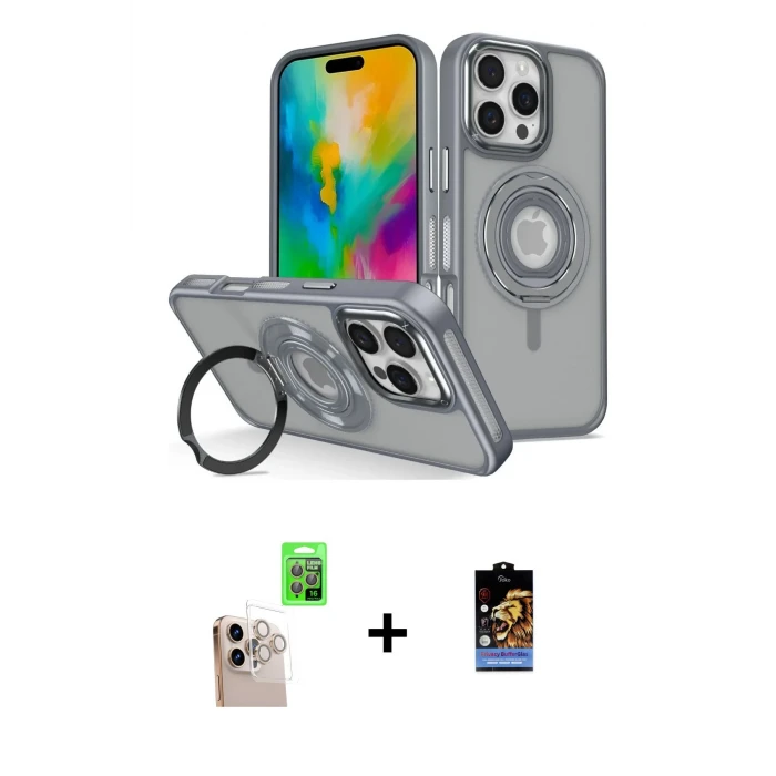 ieg™ iPhone 16 Pro Max Kılıf Nova Minimal Serisi - Siyah Buffer Hayalet Cam Ekran Koruyucu + Natural Grey Raze Metal Kamera Lens