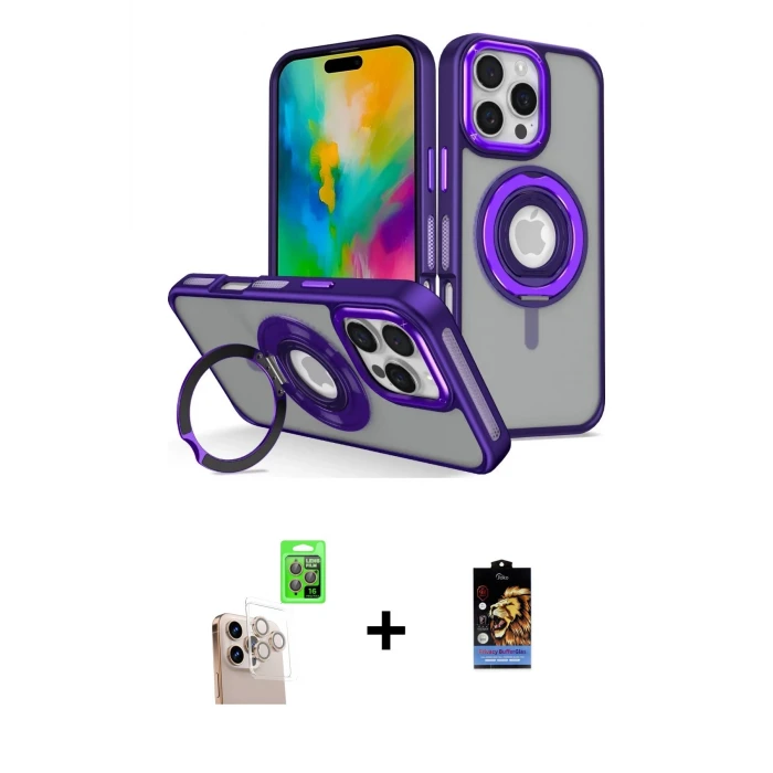 ieg™ iPhone 16 Pro Max Kılıf Nova Minimal Serisi - Siyah Buffer Hayalet Cam Ekran Koruyucu + Natural Grey Raze Metal Kamera Lens