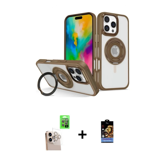 ieg™ iPhone 16 Pro Max Kılıf Nova Minimal Serisi - Siyah Buffer Hayalet Cam Ekran Koruyucu + Natural Grey Raze Metal Kamera Lens