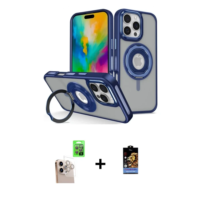 ieg™ iPhone 16 Pro Max Kılıf Nova Minimal Serisi - Siyah Buffer Hayalet Cam Ekran Koruyucu + Natural Grey Raze Metal Kamera Lens