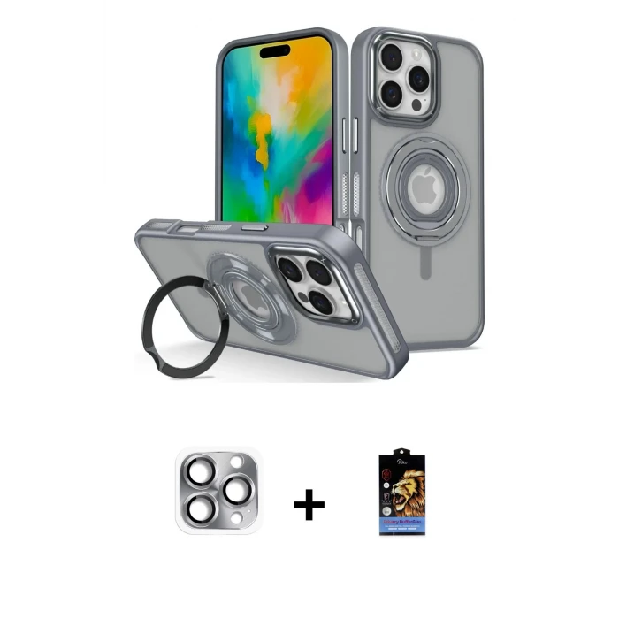 ieg™ iPhone 16 Pro Max Kılıf Nova Minimal Serisi - Siyah Buffer Hayalet Cam Ekran Koruyucu + Pers Alüminyum Kamera Lens - GI