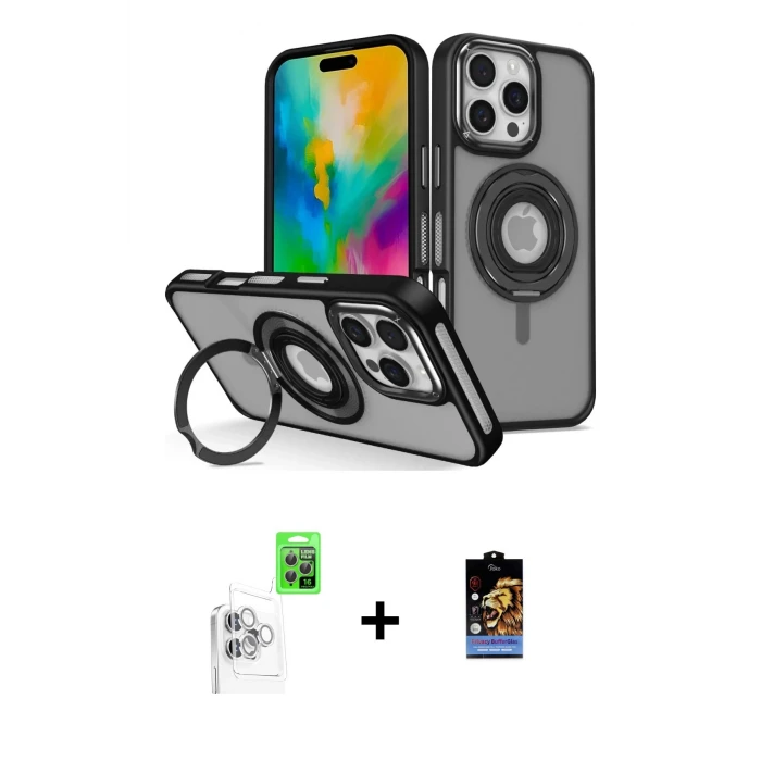 ieg™ iPhone 16 Pro Max Kılıf Nova Minimal Serisi - Siyah Buffer Hayalet Cam Ekran Koruyucu + Raze Metal Kamera Lens - BZ
