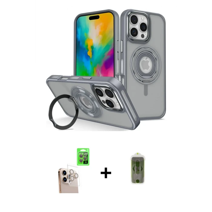 ieg™ iPhone 16 Pro Max Kılıf Nova Minimal Serisi - Siyah Joko Magic 5D Hayalet Cam + Natural Grey Raze Metal Kamera Lens