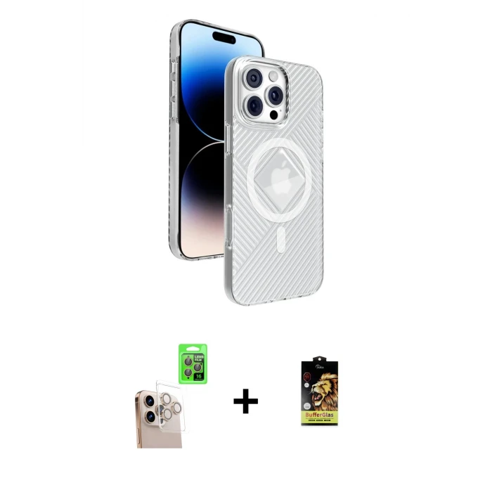 ieg™ iPhone 16 Pro Max Kılıf Nova Modern Prime - Siyah Buffer Cam Ekran Koruyucu + Natural Grey Raze Metal Kamera Lens