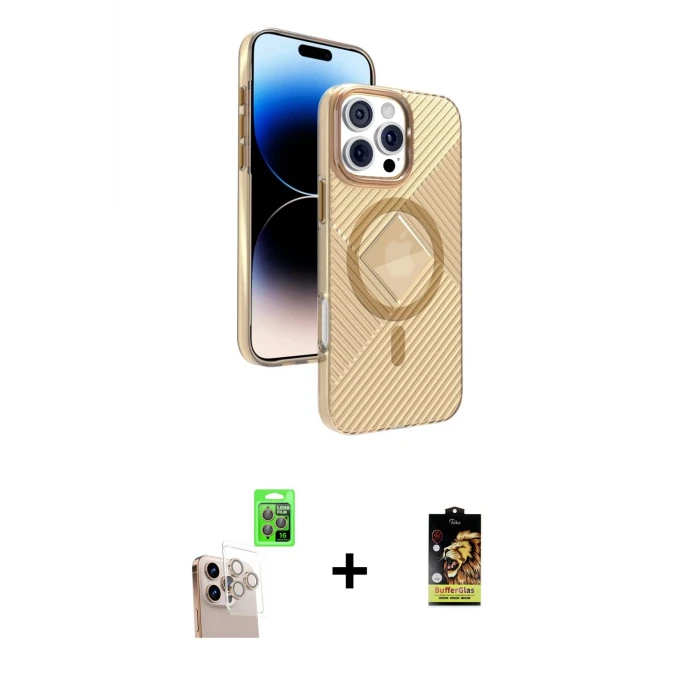 ieg™ iPhone 16 Pro Max Kılıf Nova Modern Prime - Siyah Buffer Cam Ekran Koruyucu + Natural Grey Raze Metal Kamera Lens