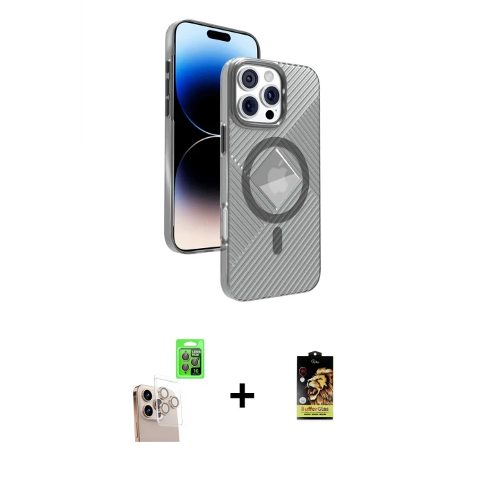 ieg™ iPhone 16 Pro Max Kılıf Nova Modern Prime - Siyah Buffer Cam Ekran Koruyucu + Natural Grey Raze Metal Kamera Lens