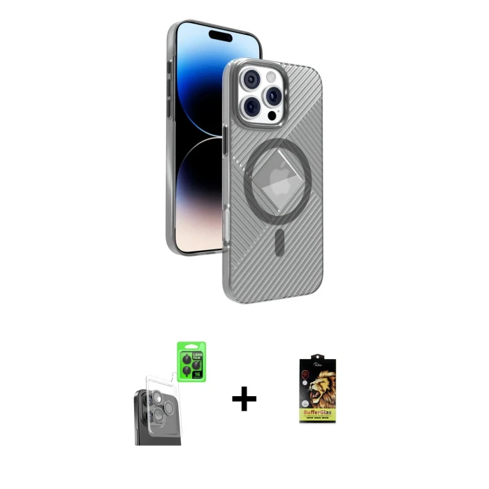 ieg™ iPhone 16 Pro Max Kılıf Nova Modern Prime - Siyah Buffer Cam Ekran Koruyucu + Siyah Raze Metal Kamera Lens
