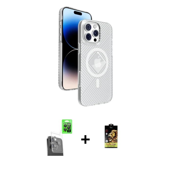 ieg™ iPhone 16 Pro Max Kılıf Nova Modern Prime - Siyah Buffer Cam Ekran Koruyucu + Siyah Raze Metal Kamera Lens