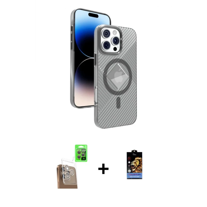 ieg™ iPhone 16 Pro Max Kılıf Nova Modern Prime - Siyah Buffer Hayalet Cam Ekran Koruyucu + Çöl Titanyum Raze Metal Kamera Lens