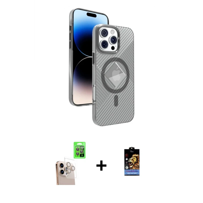 ieg™ iPhone 16 Pro Max Kılıf Nova Modern Prime - Siyah Buffer Hayalet Cam Ekran Koruyucu + Natural Grey Raze Metal Kamera Lens