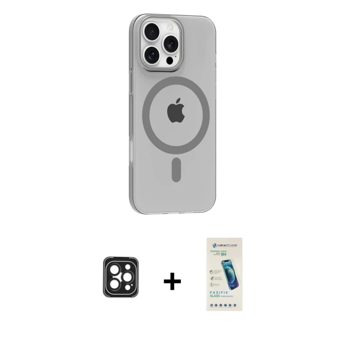 ieg™ iPhone 16 Pro Max Kılıf Pusula Form Özel Seri - Şeffaf Pasifik Cam Ekran Koruyucu + Siyah PVD Metal Kamera Lens