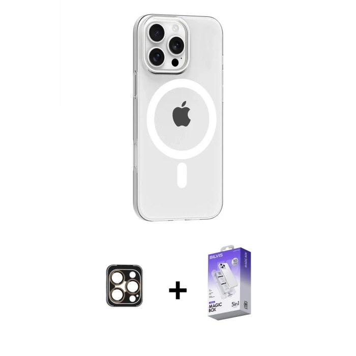 ieg™ iPhone 16 Pro Max Kılıf Pusula Form Özel Seri - Siyah Bilvis 5in1 3D Magic Cam Ekran Koruyucu + PVD Metal Kamera Lens - GD