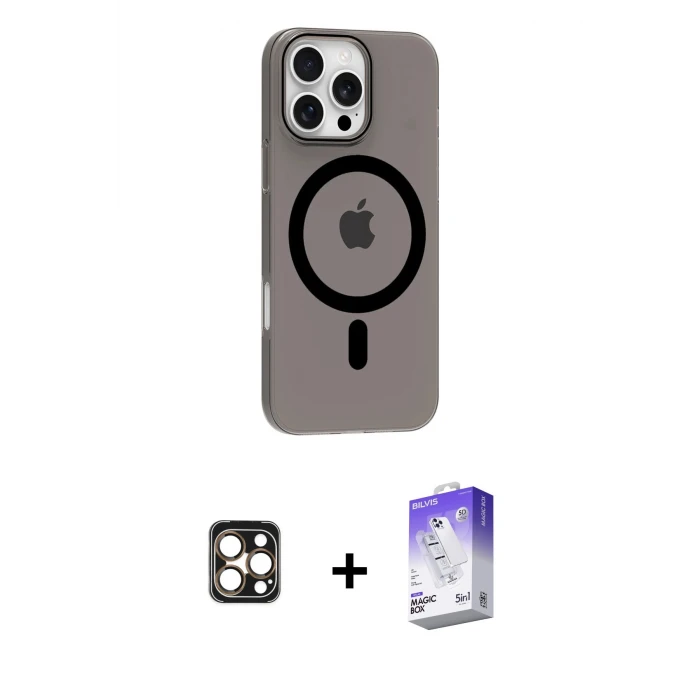 ieg™ iPhone 16 Pro Max Kılıf Pusula Form Özel Seri - Siyah Bilvis 5in1 3D Magic Cam Ekran Koruyucu + PVD Metal Kamera Lens - GD