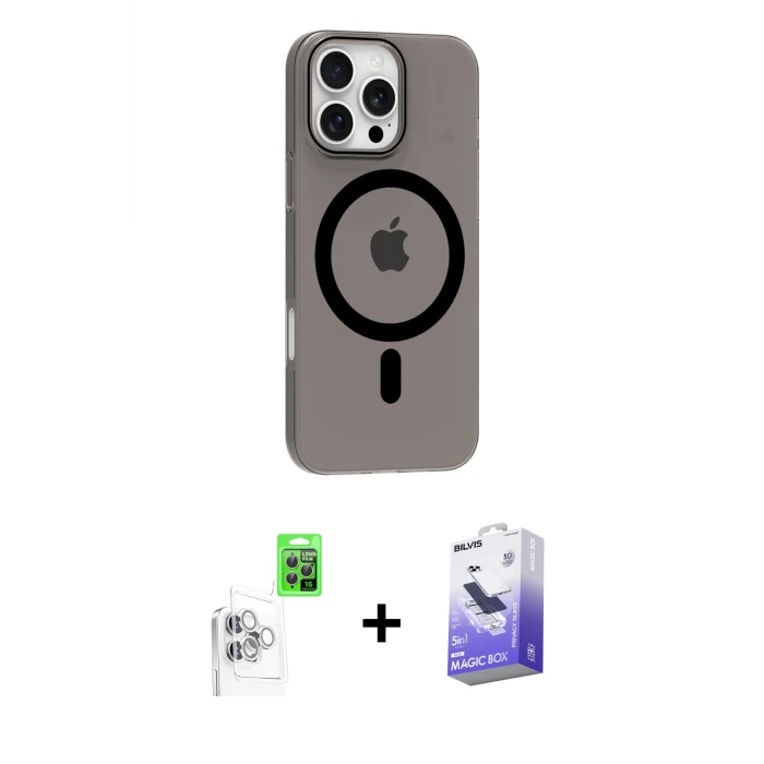 ieg™ iPhone 16 Pro Max Kılıf Pusula Form Özel Seri - Siyah Bilvis 5in1 5D Magic Hayalet Cam Ekran Koruyucu + Raze Metal Kamera Lens - BZ