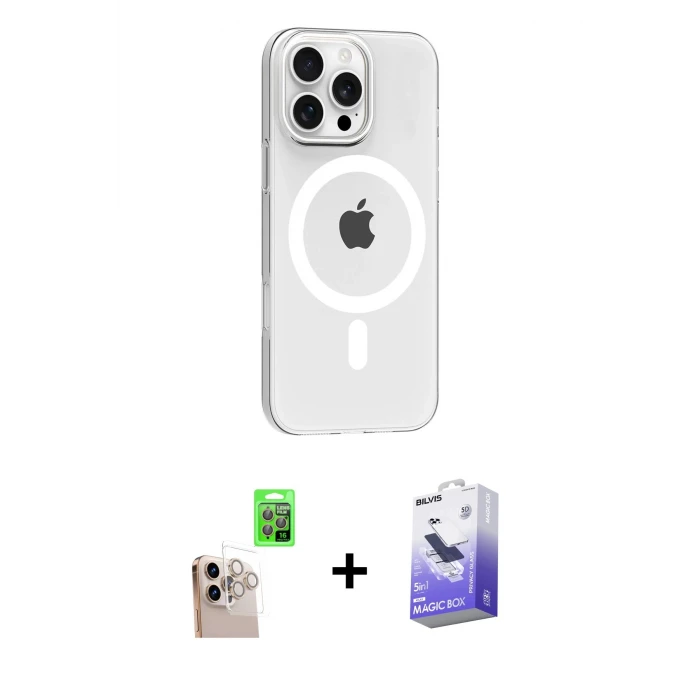ieg™ iPhone 16 Pro Max Kılıf Pusula Form Özel Seri - Siyah Bilvis 5in1 5D Magic Hayalet Cam Ekran Koruyucu + Raze Metal Kamera Lens - NLGY