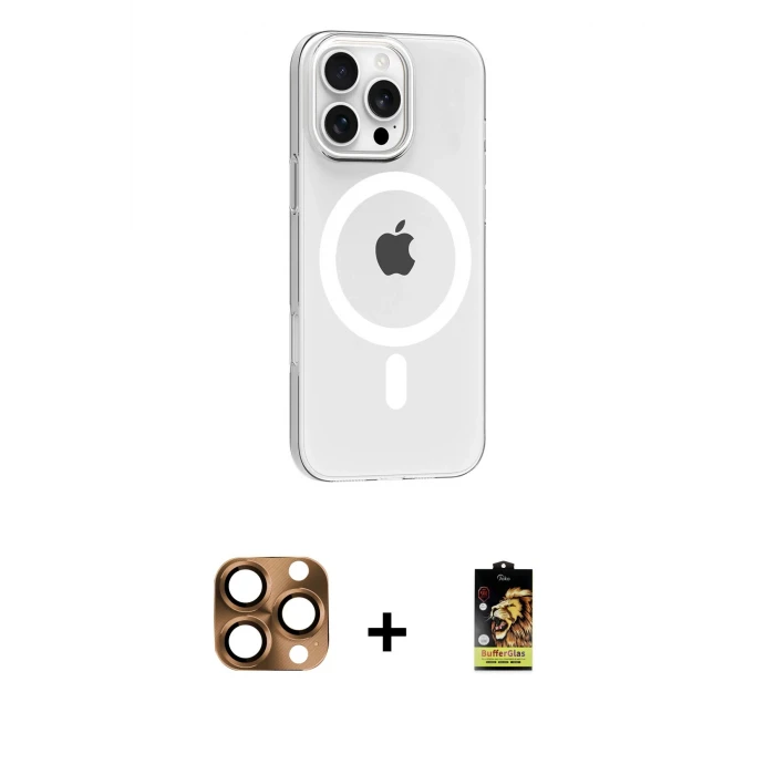 ieg™ iPhone 16 Pro Max Kılıf Pusula Form Özel Seri - Siyah Buffer Cam Ekran Koruyucu + Çöl Titanyum Pers Alüminyum Kamera Lens