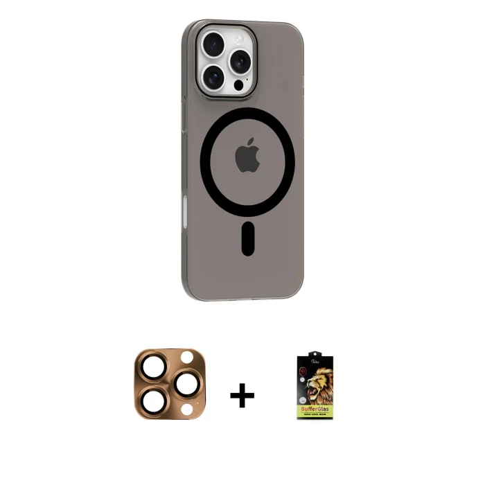 ieg™ iPhone 16 Pro Max Kılıf Pusula Form Özel Seri - Siyah Buffer Cam Ekran Koruyucu + Çöl Titanyum Pers Alüminyum Kamera Lens