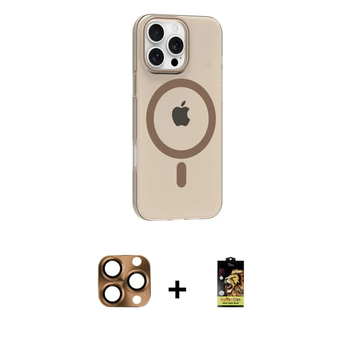 ieg™ iPhone 16 Pro Max Kılıf Pusula Form Özel Seri - Siyah Buffer Cam Ekran Koruyucu + Çöl Titanyum Pers Alüminyum Kamera Lens