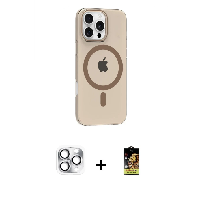 ieg™ iPhone 16 Pro Max Kılıf Pusula Form Özel Seri - Siyah Buffer Cam Ekran Koruyucu + Gümüş Pers Alüminyum Kamera Lens