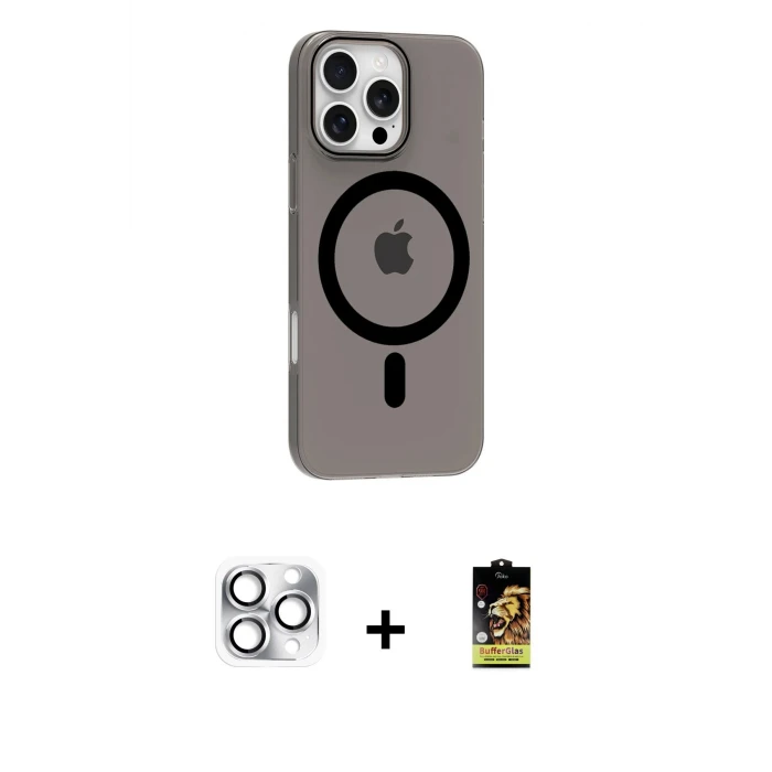 ieg™ iPhone 16 Pro Max Kılıf Pusula Form Özel Seri - Siyah Buffer Cam Ekran Koruyucu + Gümüş Pers Alüminyum Kamera Lens
