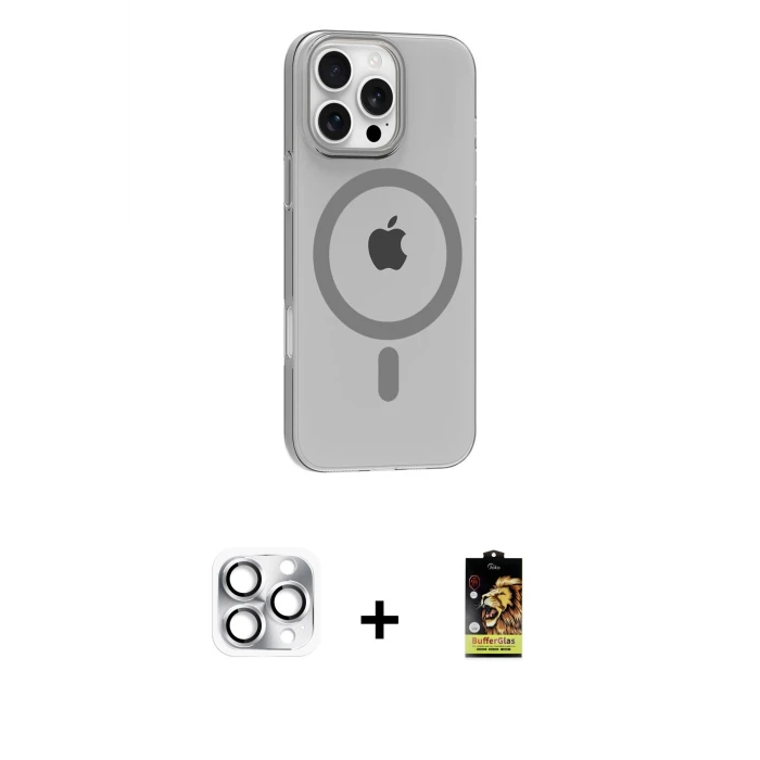 ieg™ iPhone 16 Pro Max Kılıf Pusula Form Özel Seri - Siyah Buffer Cam Ekran Koruyucu + Gümüş Pers Alüminyum Kamera Lens