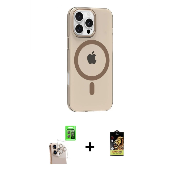 ieg™ iPhone 16 Pro Max Kılıf Pusula Form Özel Seri - Siyah Buffer Cam Ekran Koruyucu + Natural Grey Raze Metal Kamera Lens